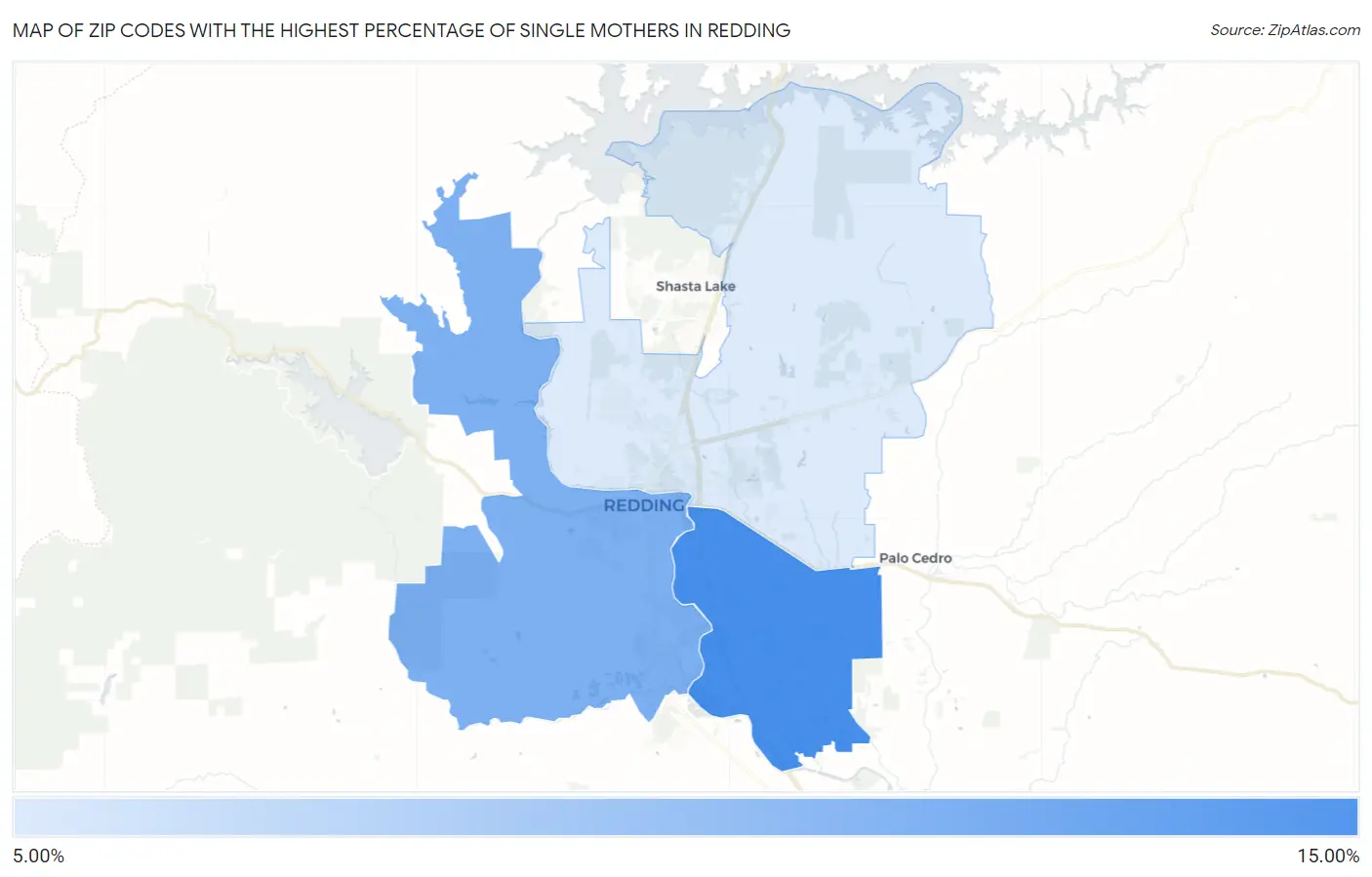 Zip Codes with the Highest Percentage of Single Mothers in Redding Map