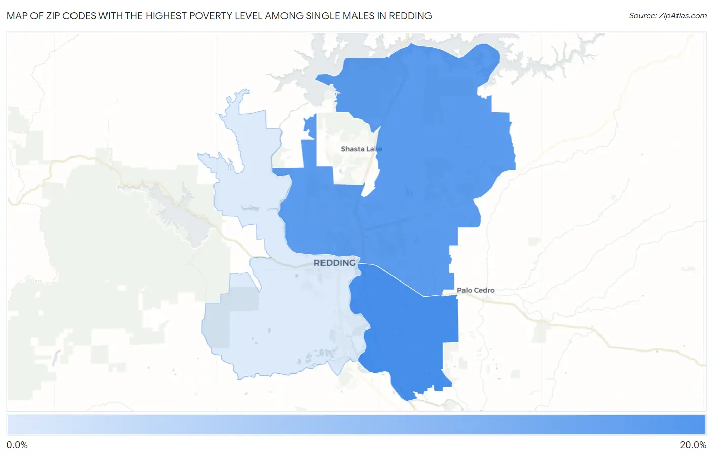 Zip Codes with the Highest Poverty Level Among Single Males in Redding Map