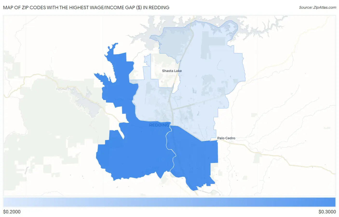 Zip Codes with the Highest Wage/Income Gap ($) in Redding Map