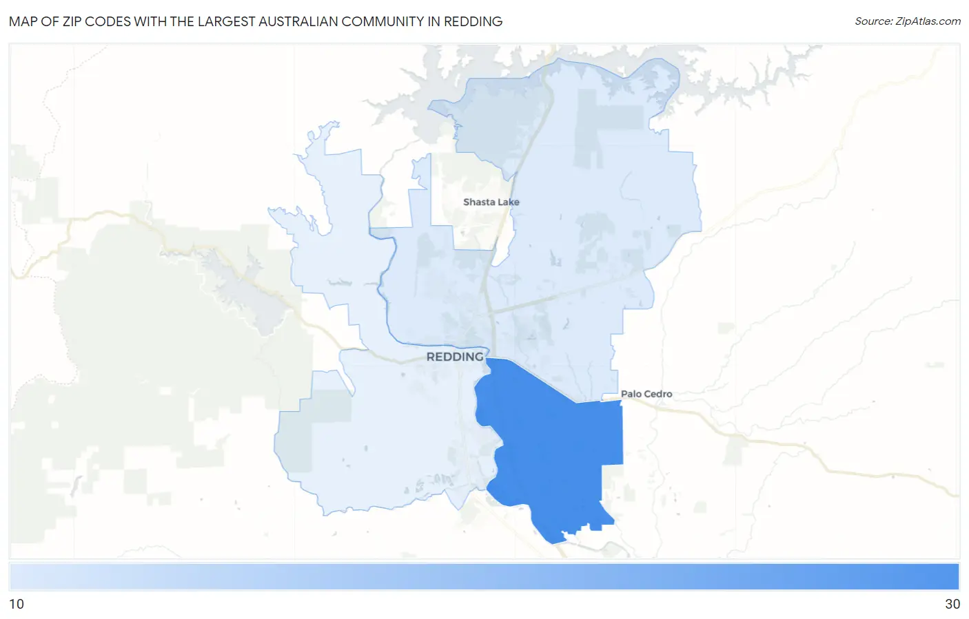 Zip Codes with the Largest Australian Community in Redding Map