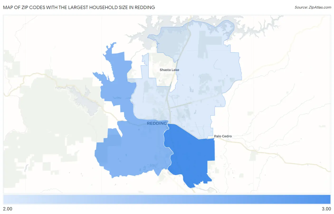 Zip Codes with the Largest Household Size in Redding Map
