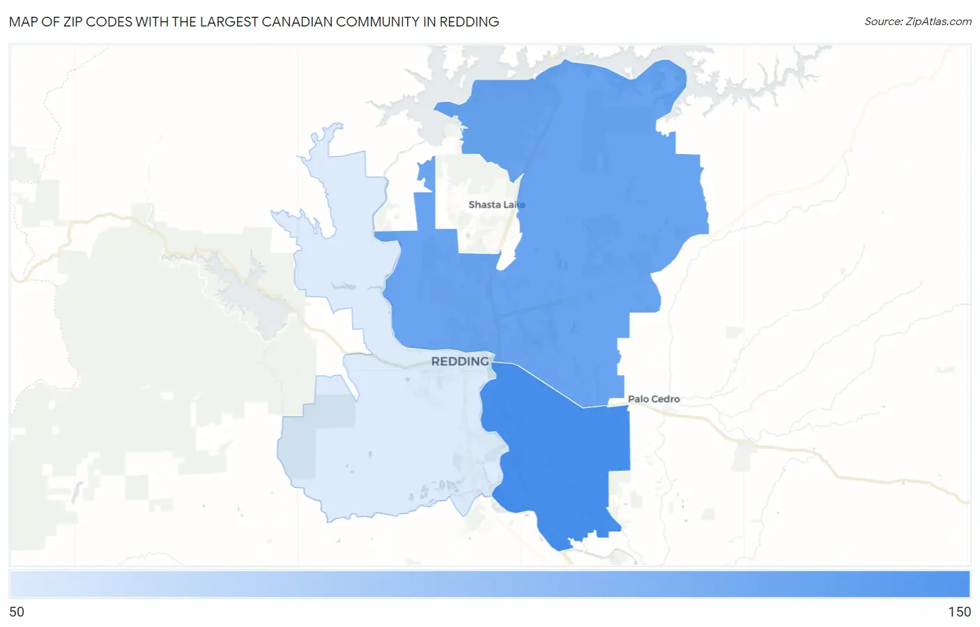 Zip Codes with the Largest Canadian Community in Redding Map