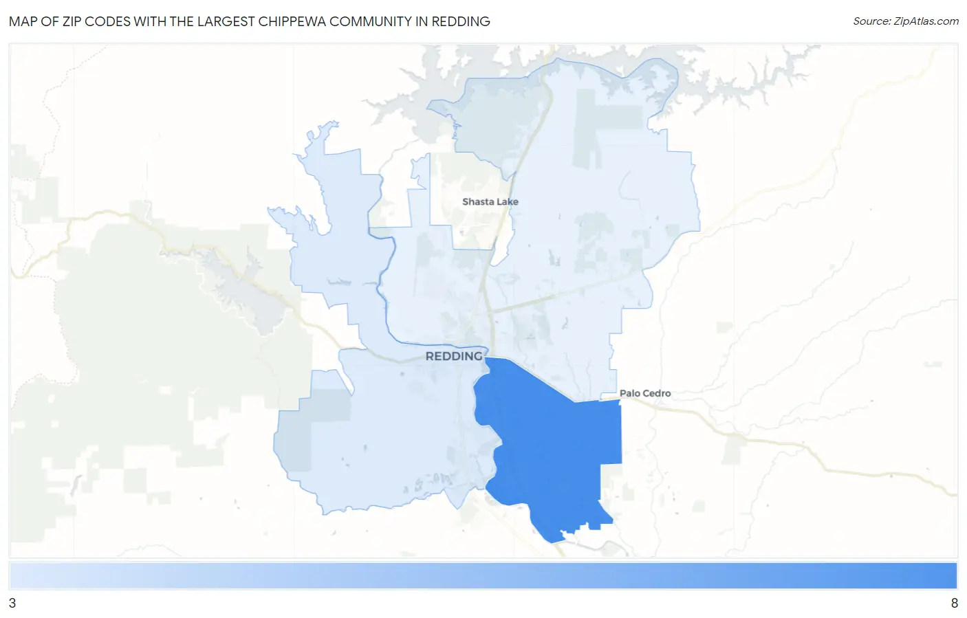 Zip Codes with the Largest Chippewa Community in Redding Map
