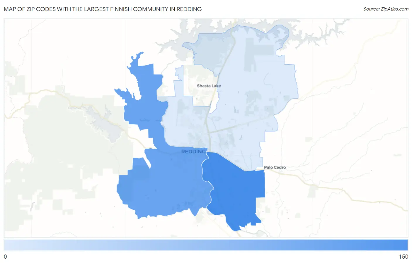 Zip Codes with the Largest Finnish Community in Redding Map