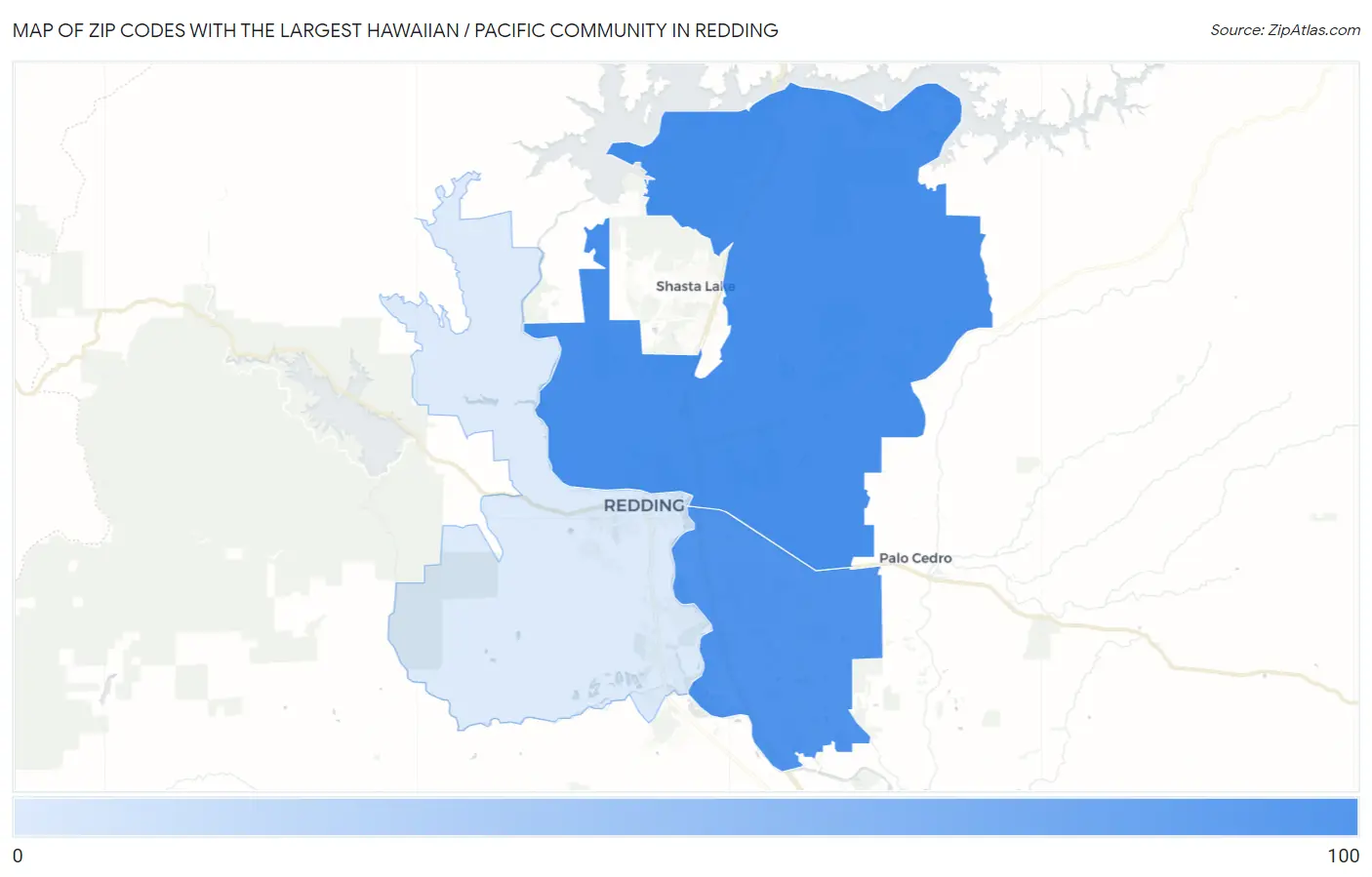 Zip Codes with the Largest Hawaiian / Pacific Community in Redding Map