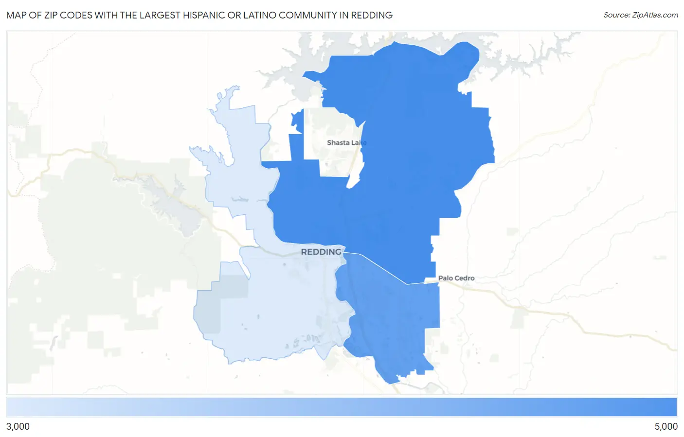 Zip Codes with the Largest Hispanic or Latino Community in Redding Map