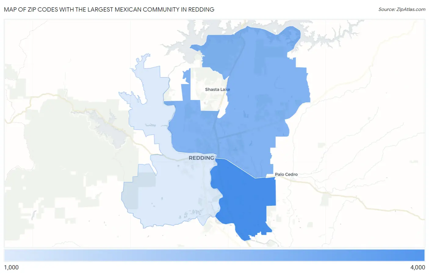 Zip Codes with the Largest Mexican Community in Redding Map