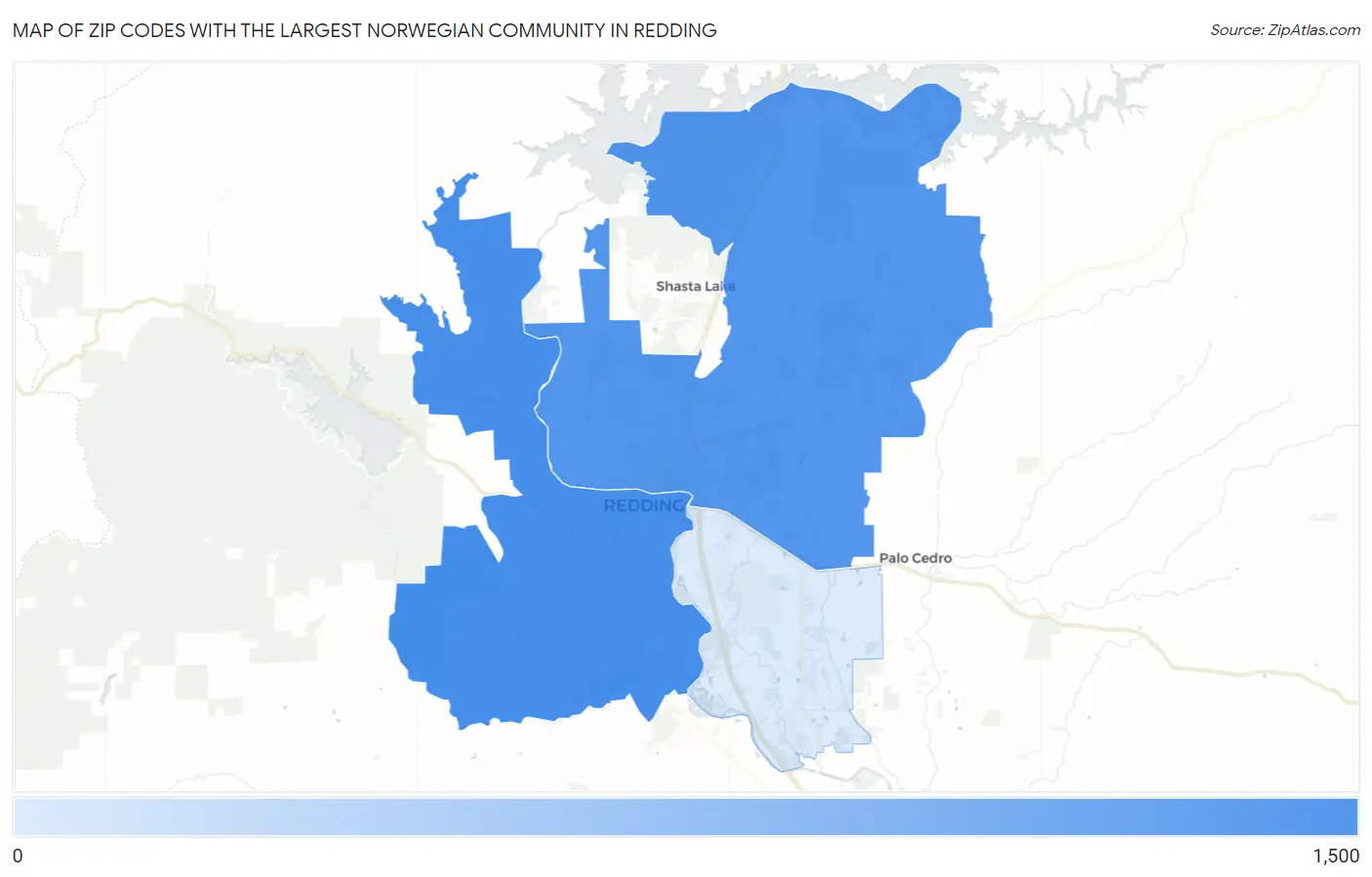Zip Codes with the Largest Norwegian Community in Redding Map