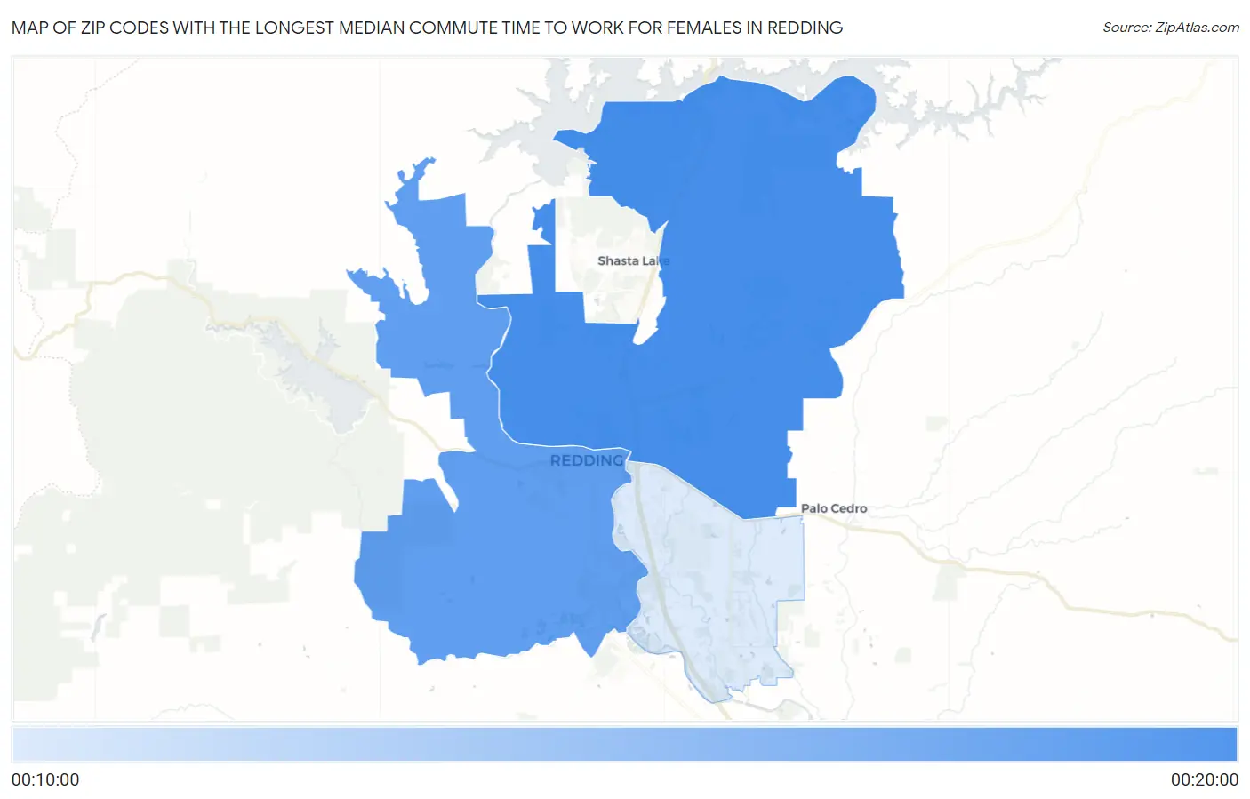 Zip Codes with the Longest Median Commute Time to Work for Females in Redding Map
