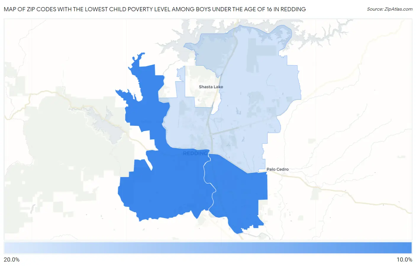 Zip Codes with the Lowest Child Poverty Level Among Boys Under the Age of 16 in Redding Map