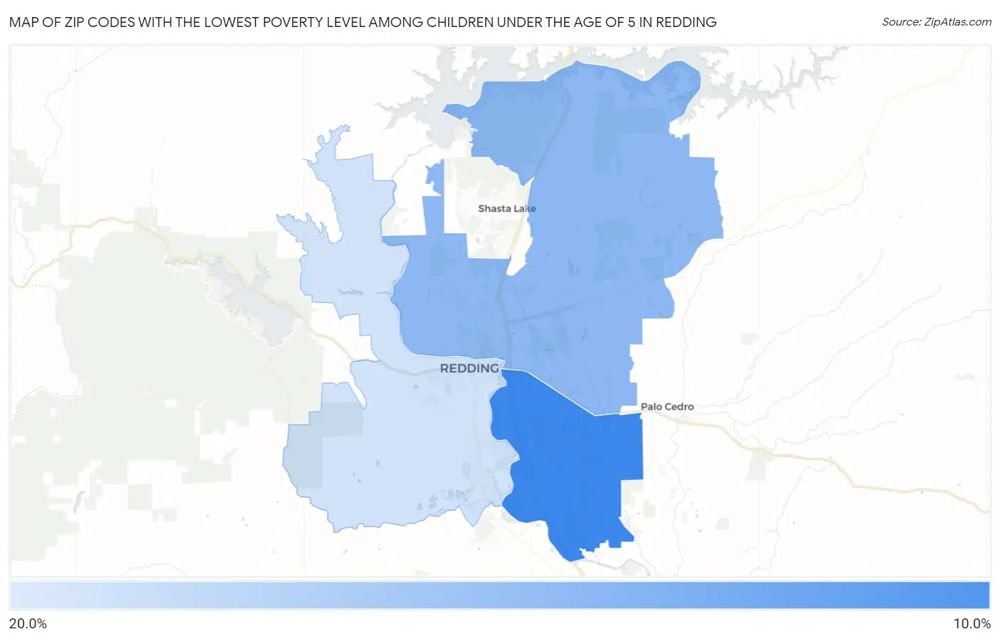 Zip Codes with the Lowest Poverty Level Among Children Under the Age of 5 in Redding Map