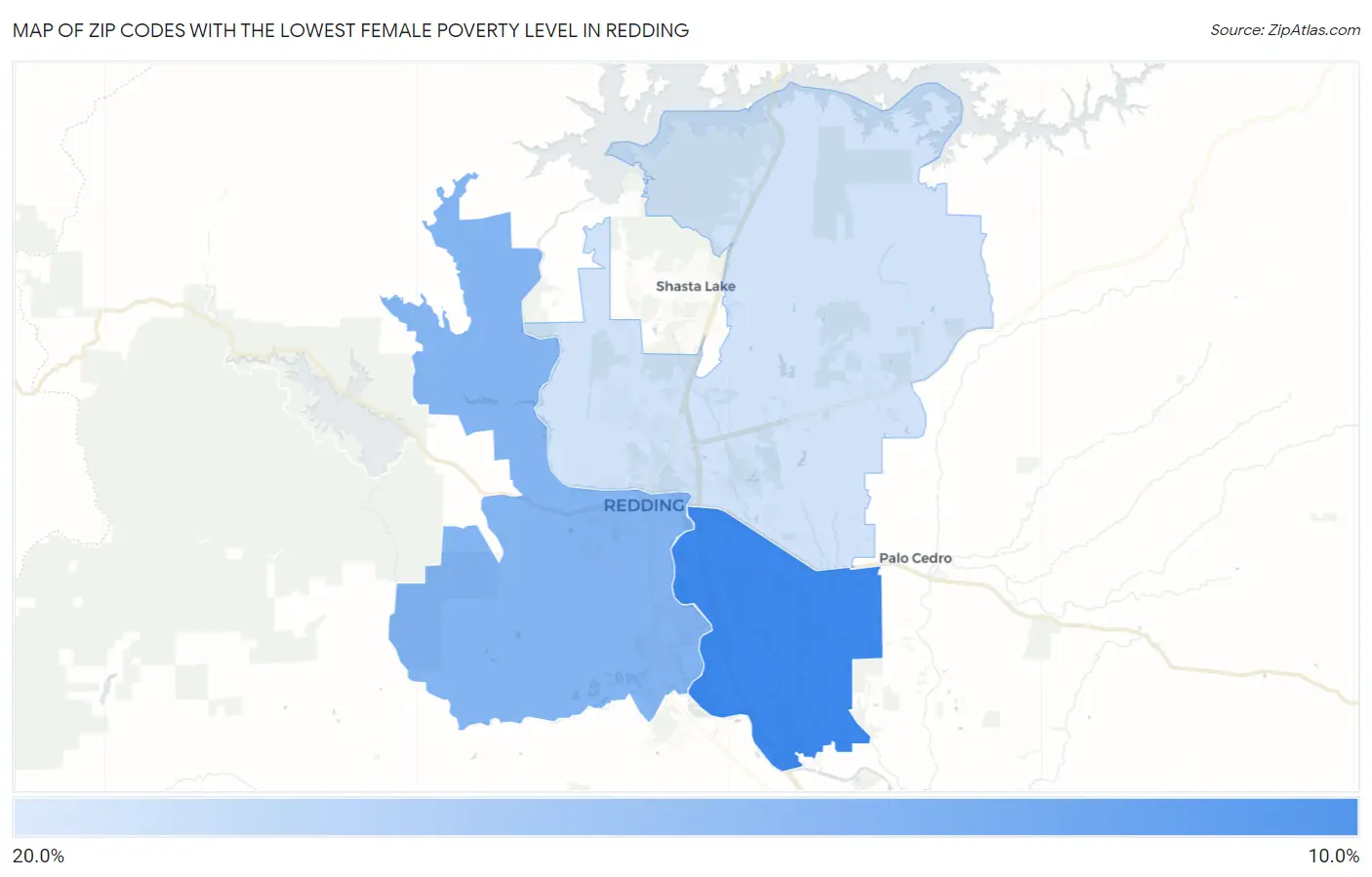 Zip Codes with the Lowest Female Poverty Level in Redding Map
