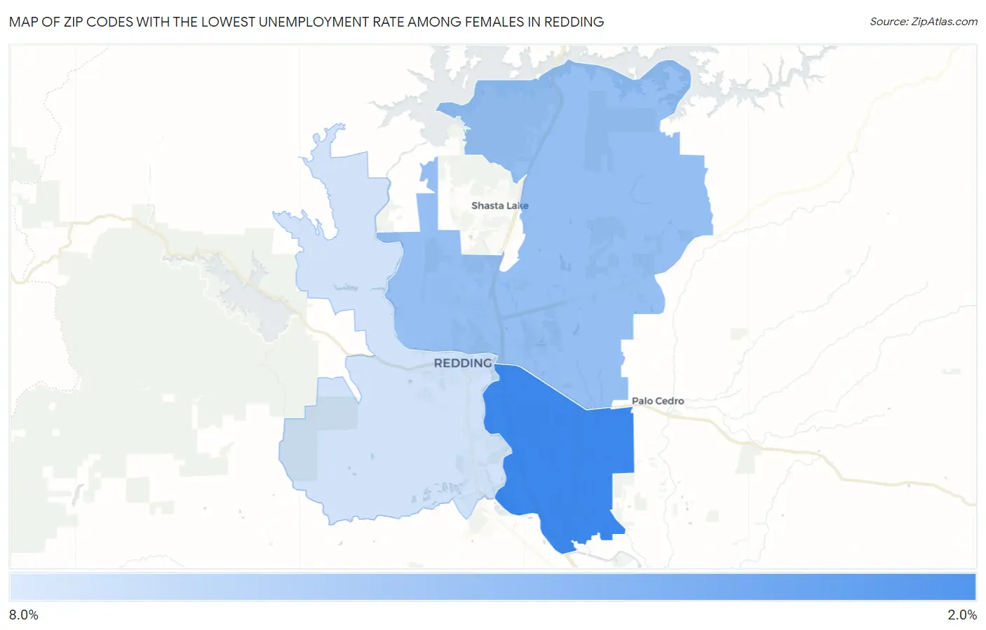 Zip Codes with the Lowest Unemployment Rate Among Females in Redding Map