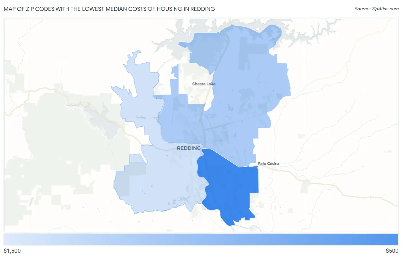 Zip Codes with the Lowest Median Costs of Housing in Redding Map