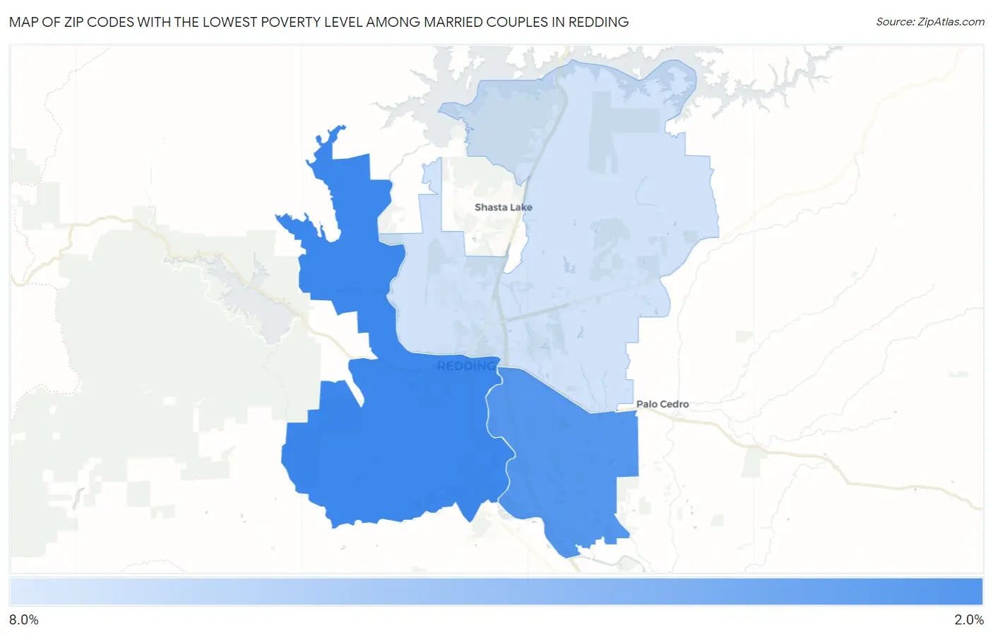 Zip Codes with the Lowest Poverty Level Among Married Couples in Redding Map