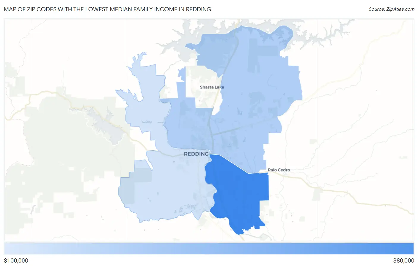Zip Codes with the Lowest Median Family Income in Redding Map