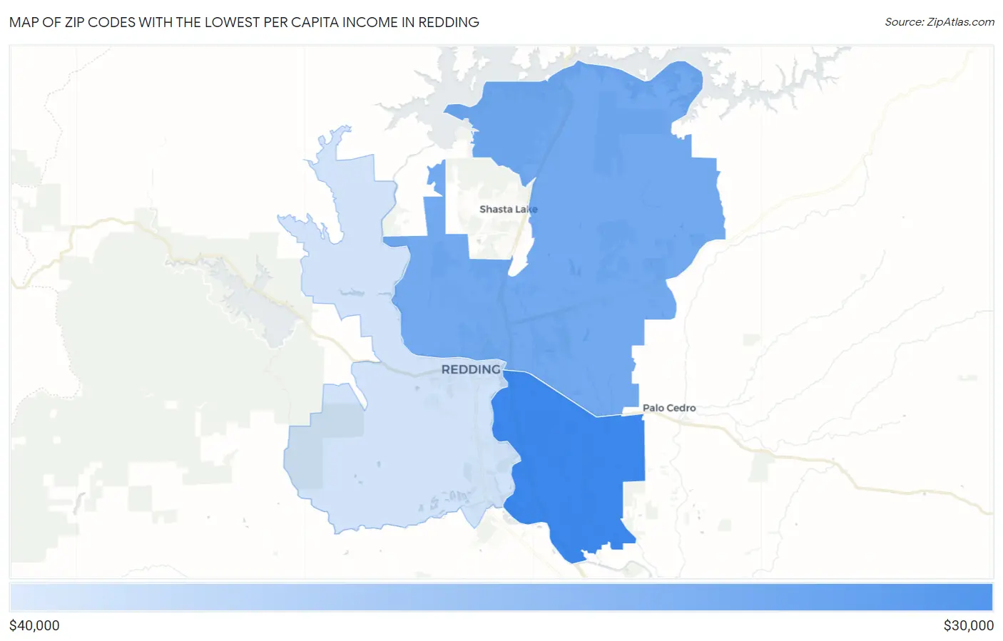 Zip Codes with the Lowest Per Capita Income in Redding Map