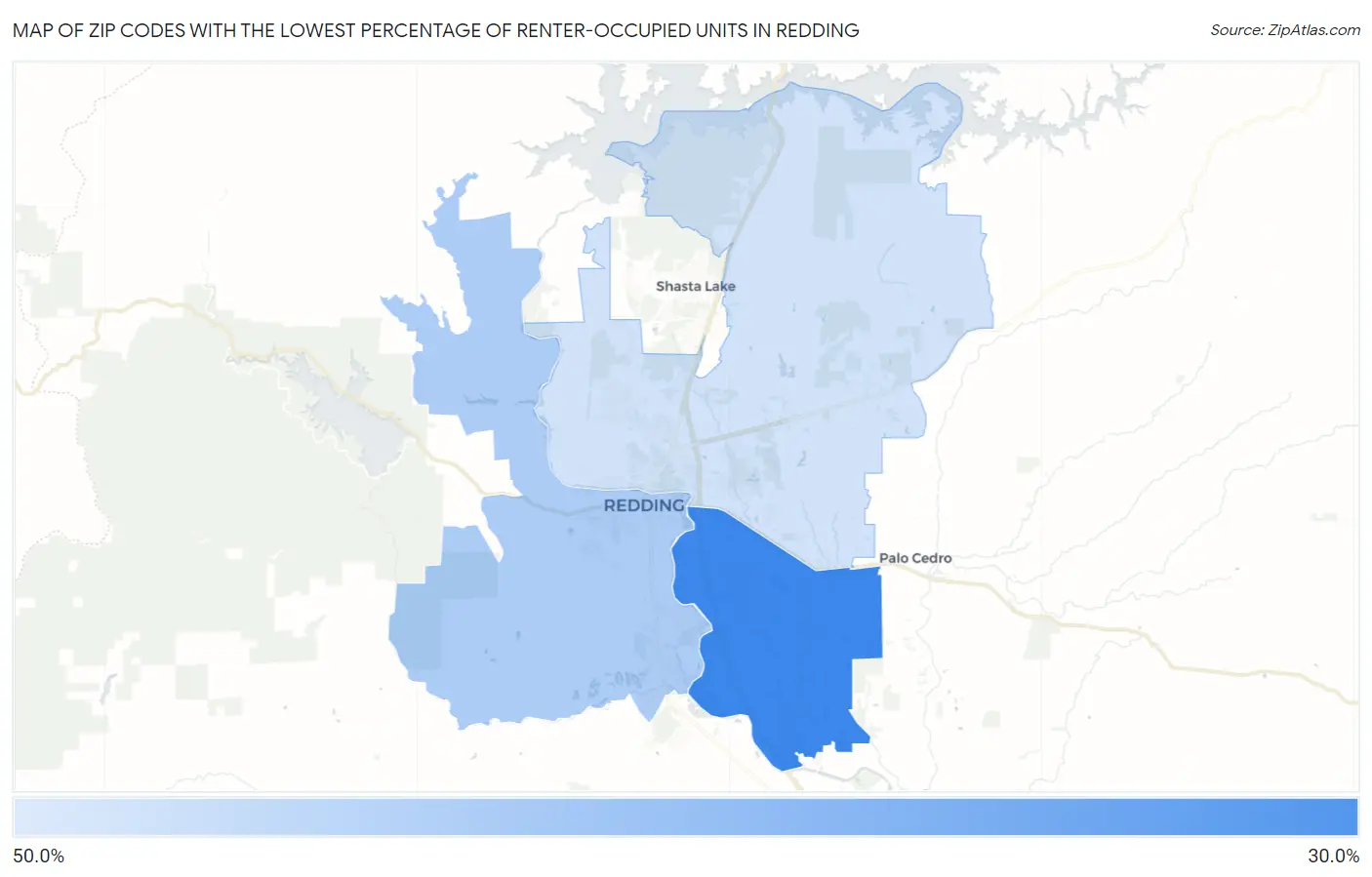 Zip Codes with the Lowest Percentage of Renter-Occupied Units in Redding Map