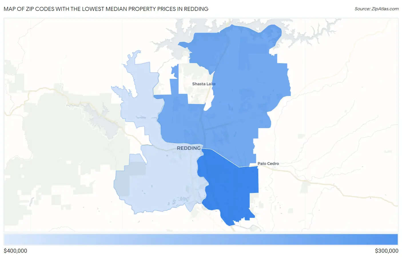 Zip Codes with the Lowest Median Property Prices in Redding Map