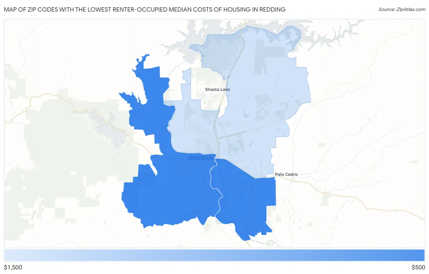 Zip Codes with the Lowest Renter-Occupied Median Costs of Housing in Redding Map