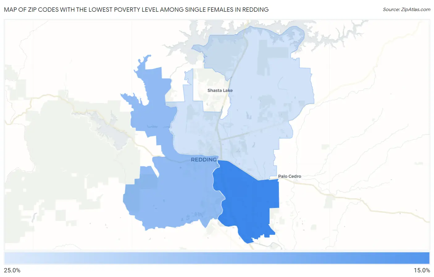 Zip Codes with the Lowest Poverty Level Among Single Females in Redding Map