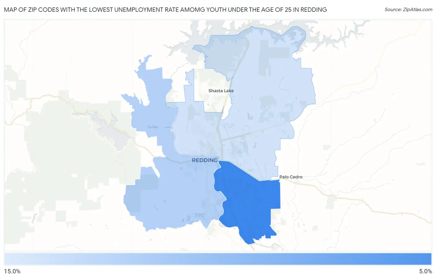 Zip Codes with the Lowest Unemployment Rate Amomg Youth Under the Age of 25 in Redding Map