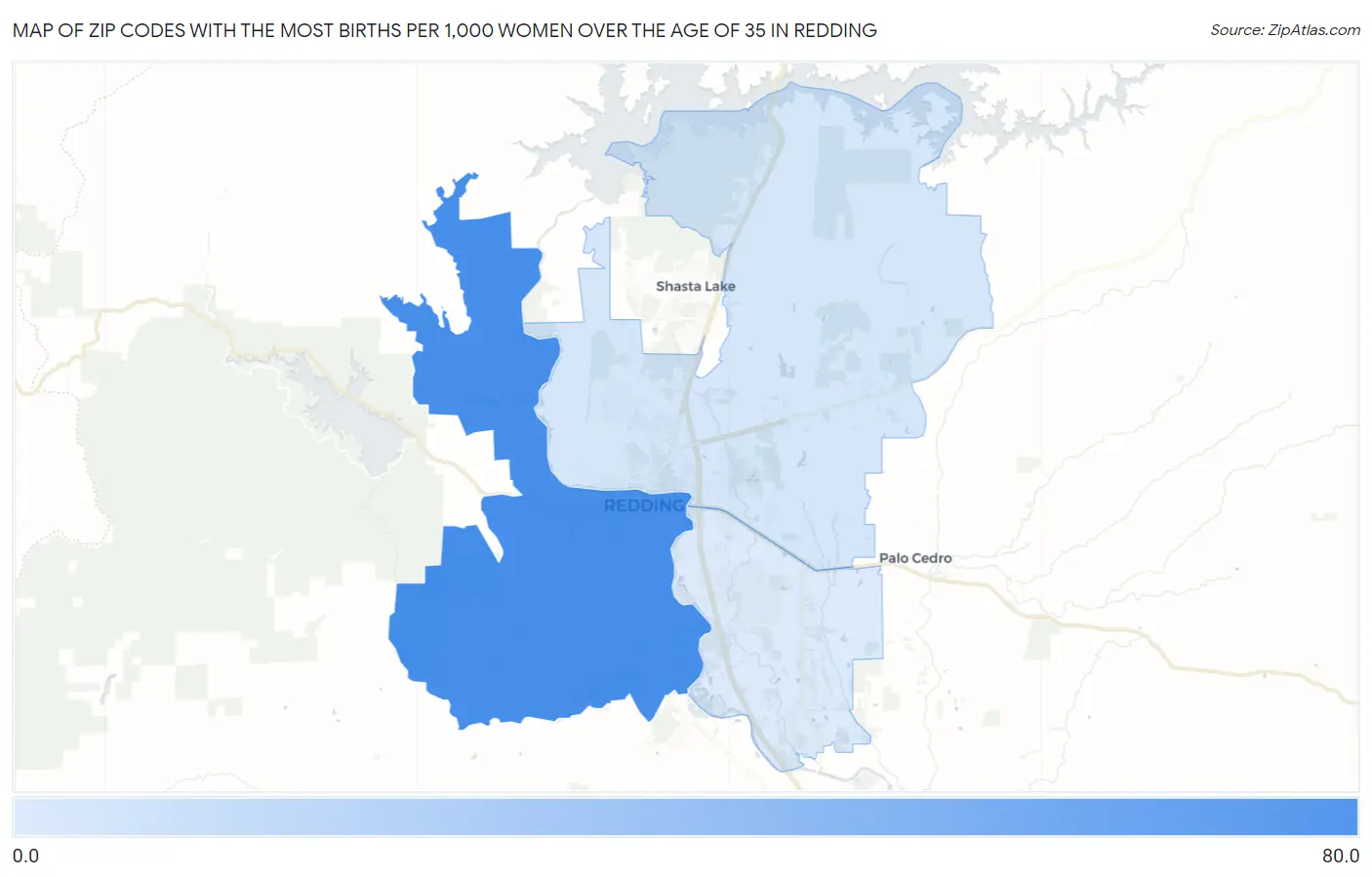 Zip Codes with the Most Births per 1,000 Women Over the Age of 35 in Redding Map