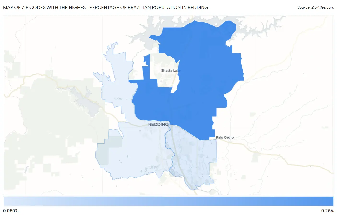 Zip Codes with the Highest Percentage of Brazilian Population in Redding Map
