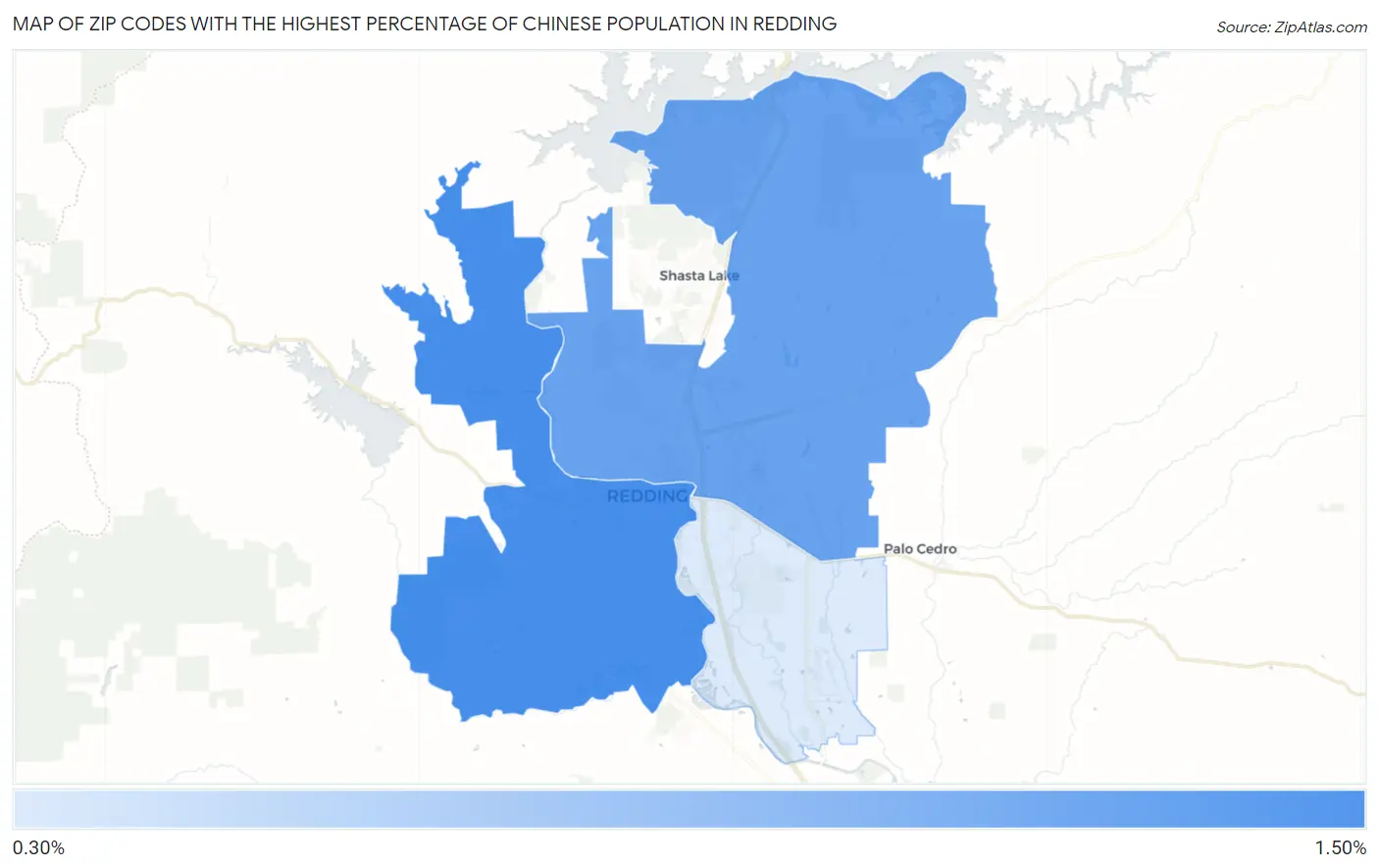 Zip Codes with the Highest Percentage of Chinese Population in Redding Map