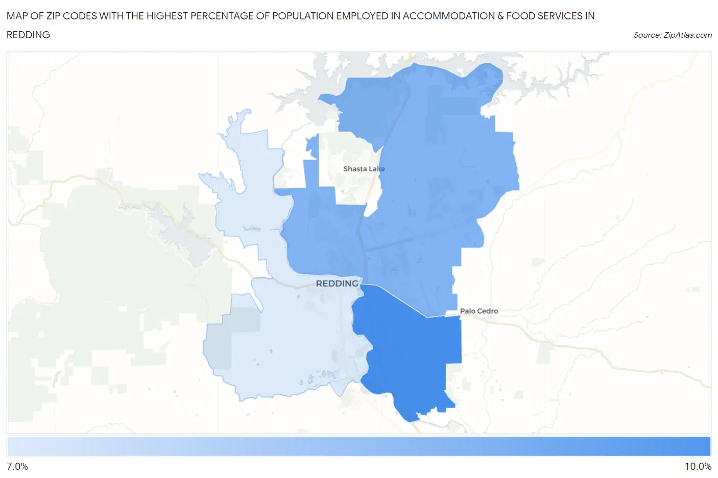 Zip Codes with the Highest Percentage of Population Employed in Accommodation & Food Services in Redding Map
