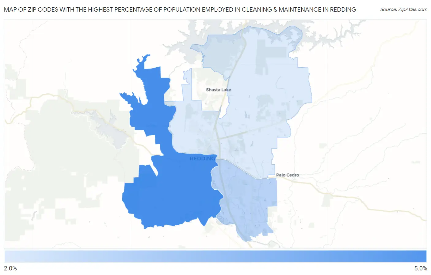 Zip Codes with the Highest Percentage of Population Employed in Cleaning & Maintenance in Redding Map