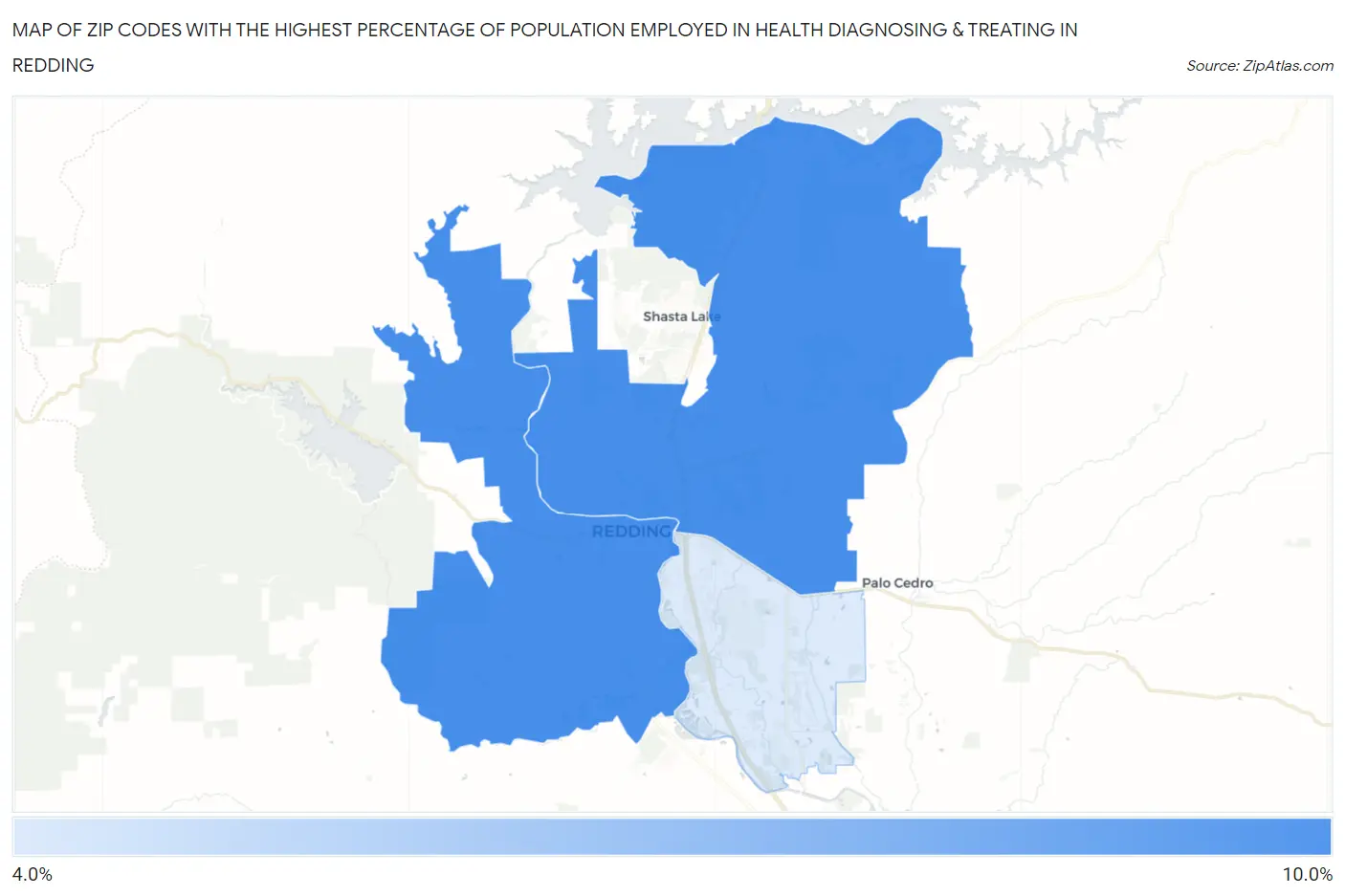 Zip Codes with the Highest Percentage of Population Employed in Health Diagnosing & Treating in Redding Map