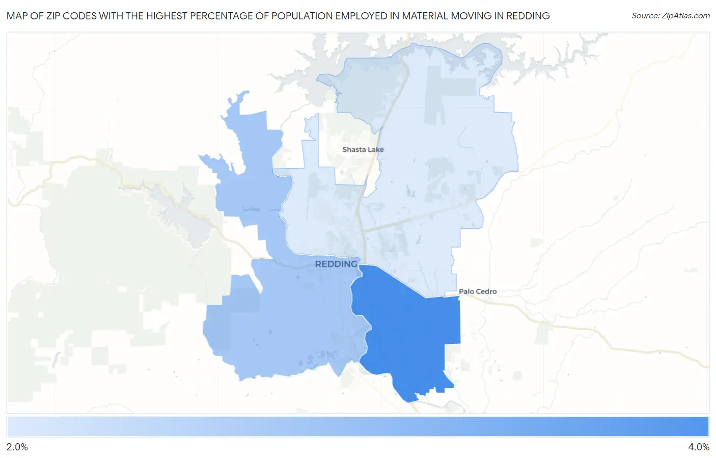 Zip Codes with the Highest Percentage of Population Employed in Material Moving in Redding Map