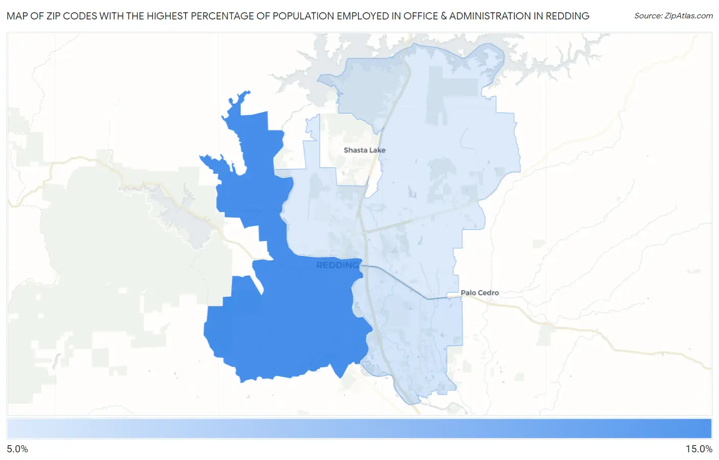 Zip Codes with the Highest Percentage of Population Employed in Office & Administration in Redding Map