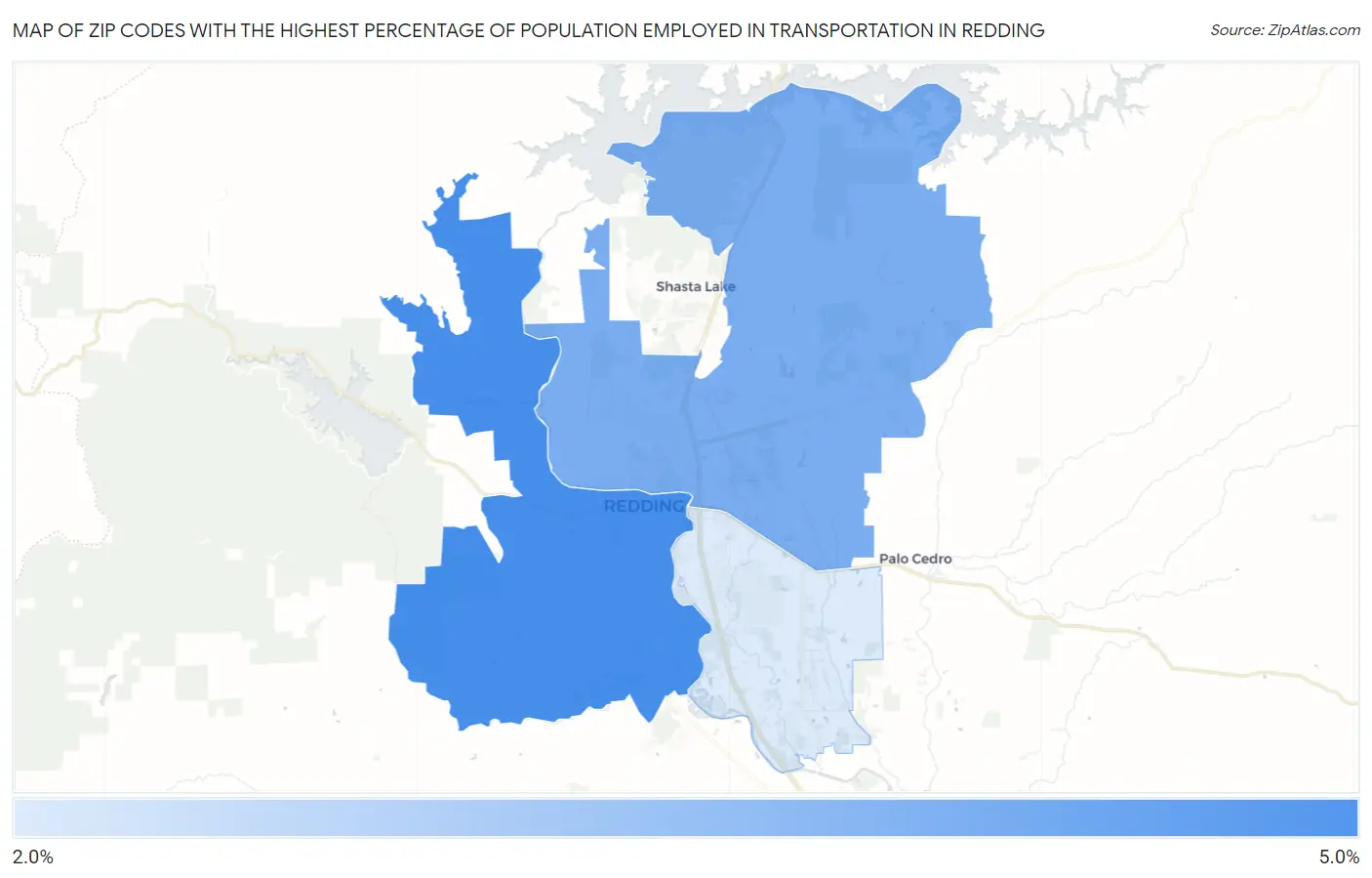 Zip Codes with the Highest Percentage of Population Employed in Transportation in Redding Map