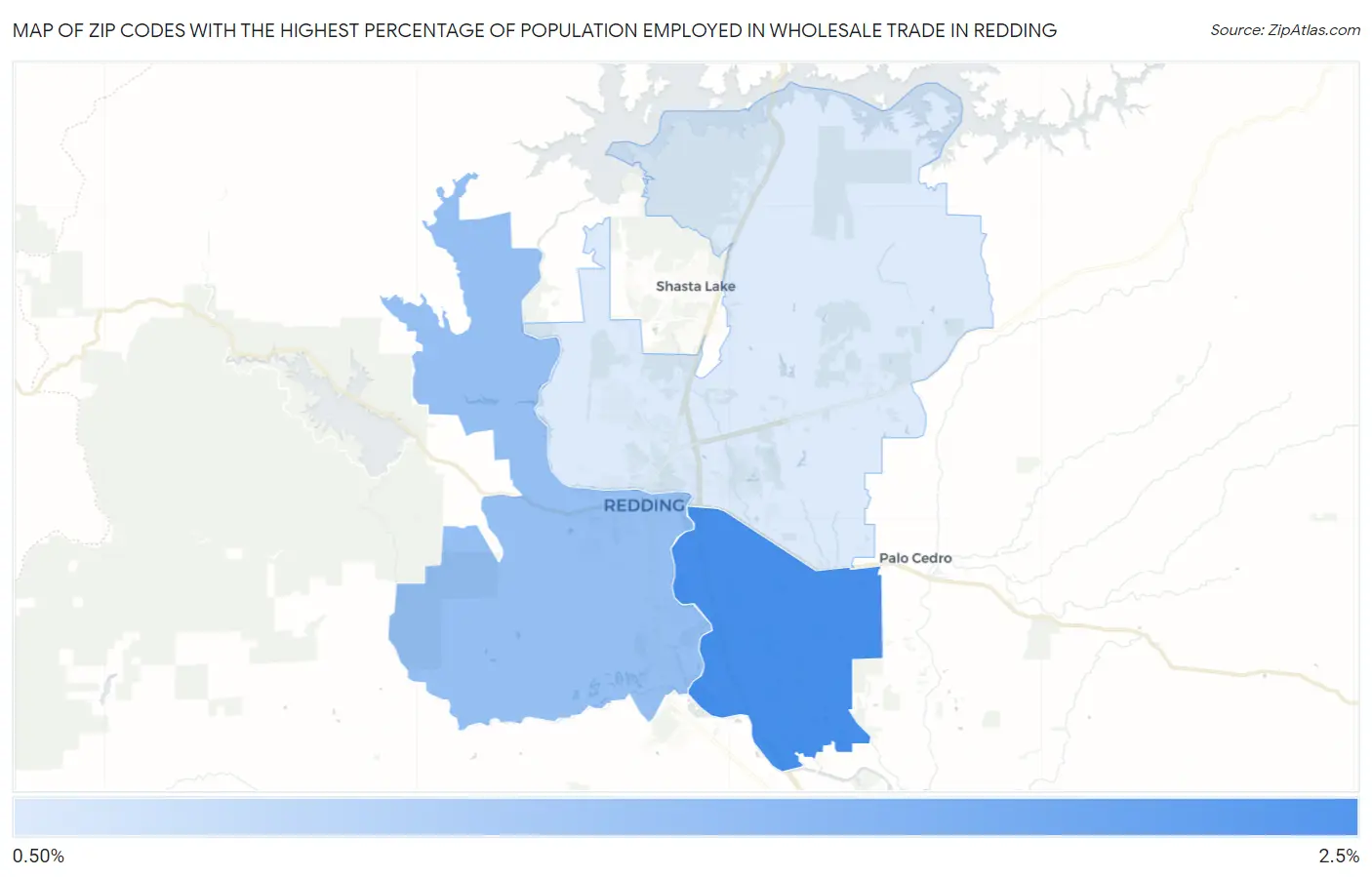 Zip Codes with the Highest Percentage of Population Employed in Wholesale Trade in Redding Map
