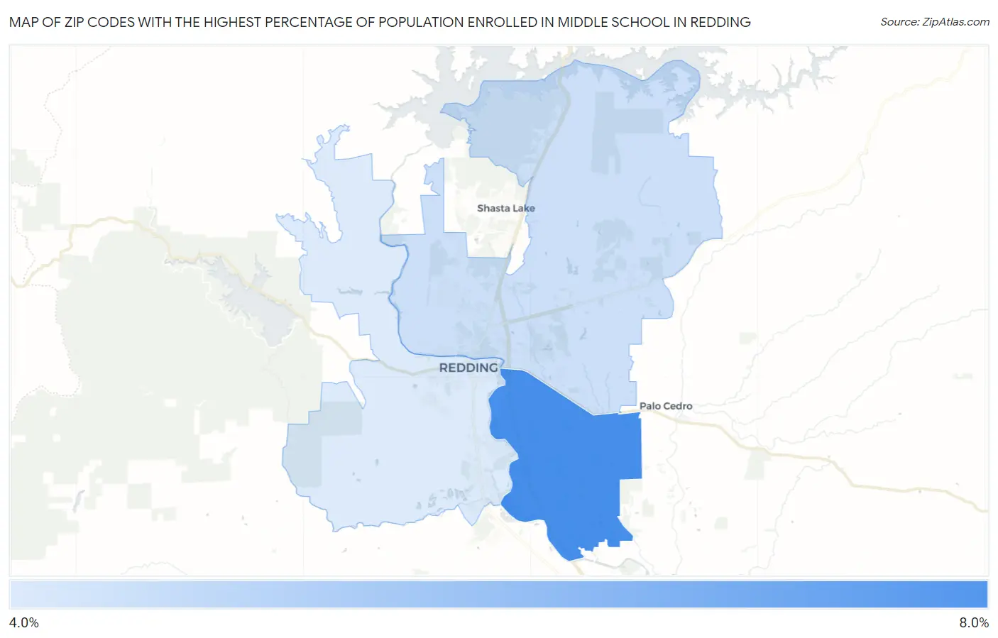 Zip Codes with the Highest Percentage of Population Enrolled in Middle School in Redding Map