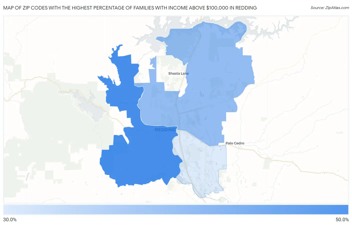 Zip Codes with the Highest Percentage of Families with Income Above $100,000 in Redding Map