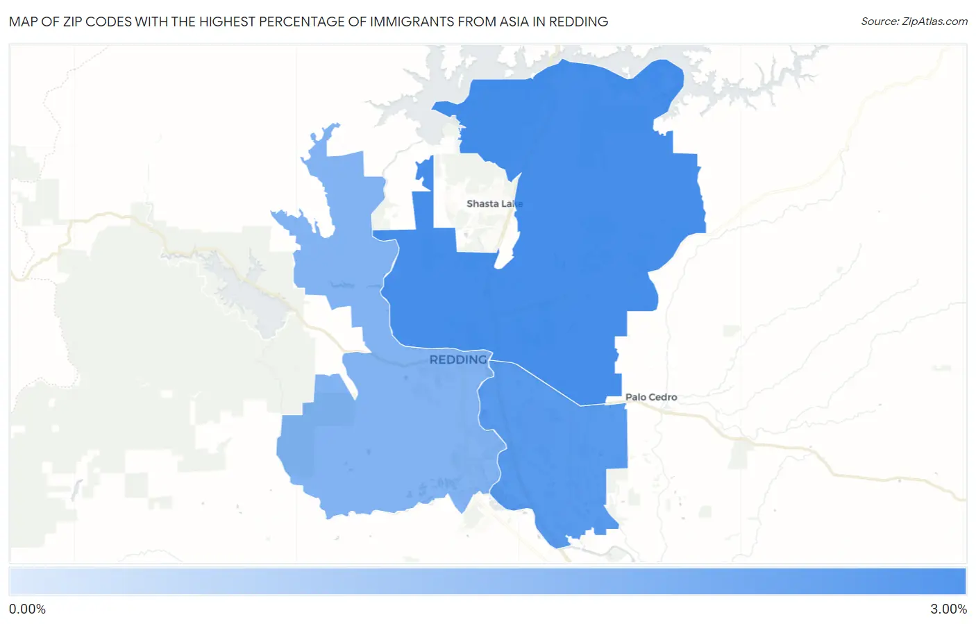 Zip Codes with the Highest Percentage of Immigrants from Asia in Redding Map