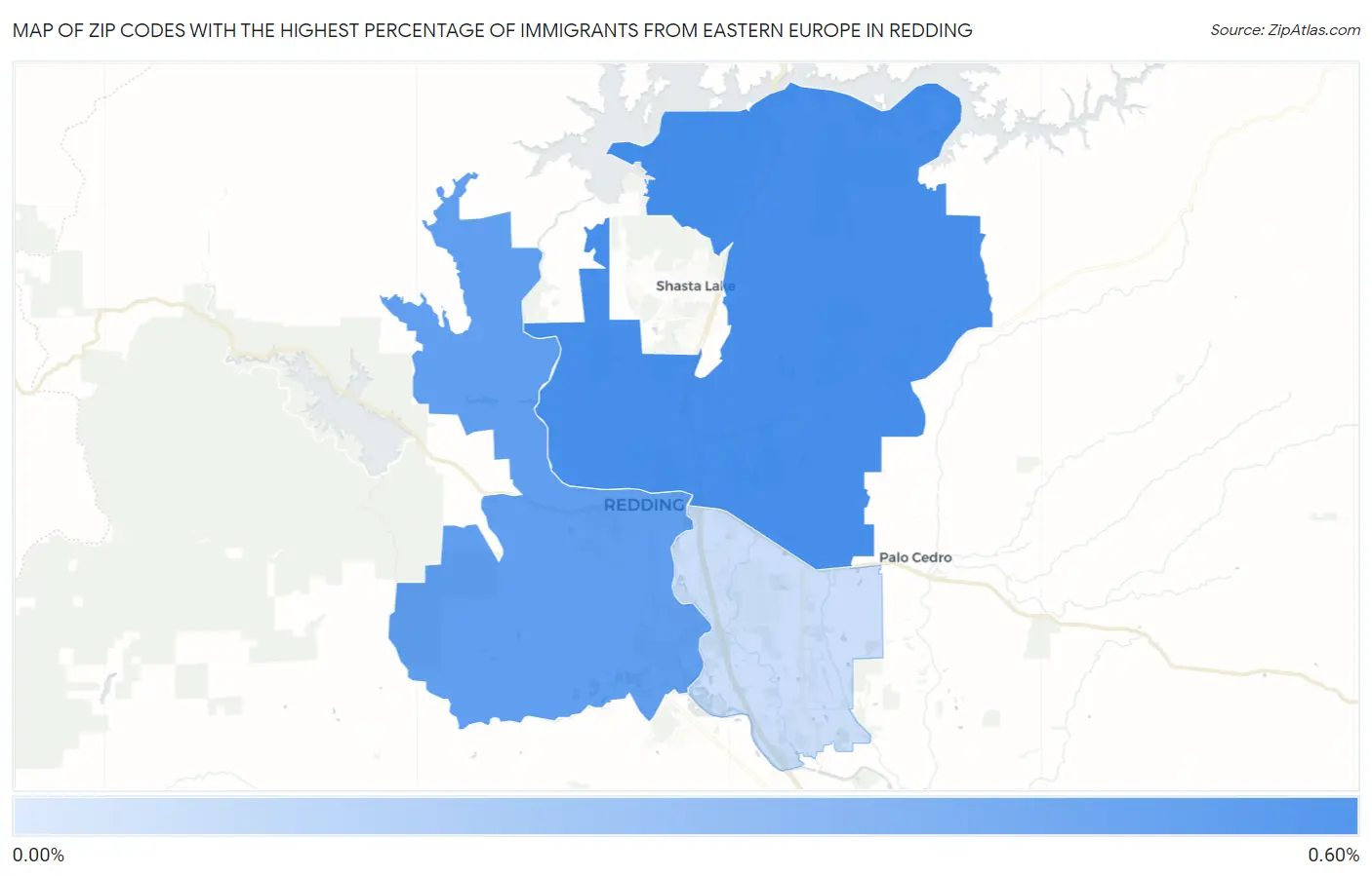 Zip Codes with the Highest Percentage of Immigrants from Eastern Europe in Redding Map
