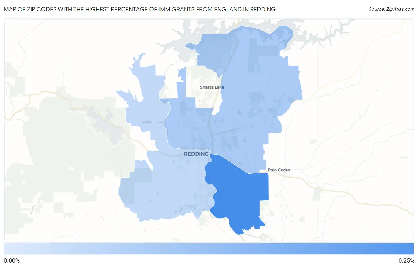 Zip Codes with the Highest Percentage of Immigrants from England in Redding Map