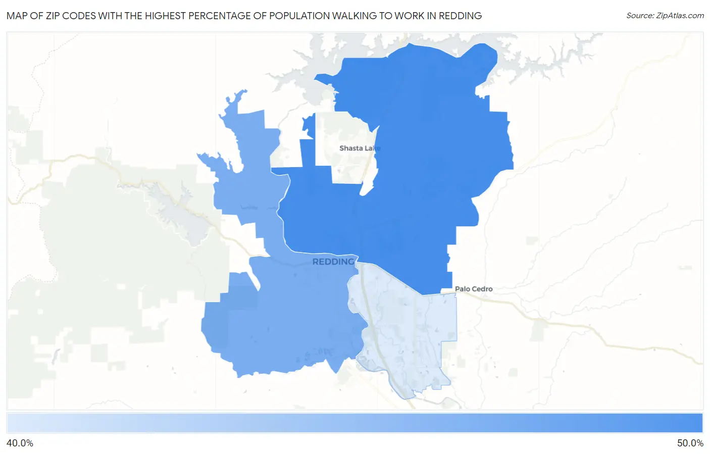 Zip Codes with the Highest Percentage of Population Walking to Work in Redding Map