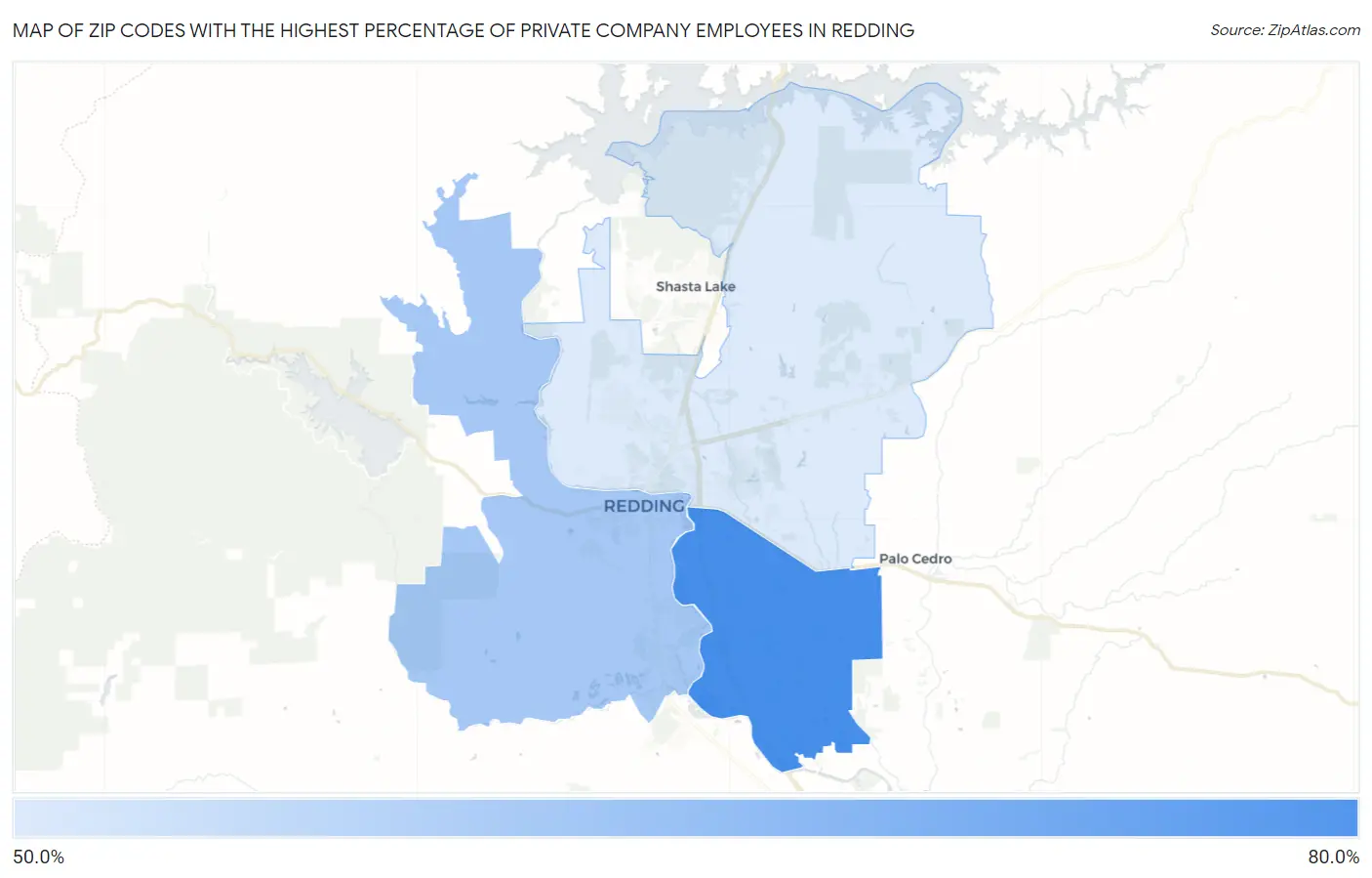 Zip Codes with the Highest Percentage of Private Company Employees in Redding Map