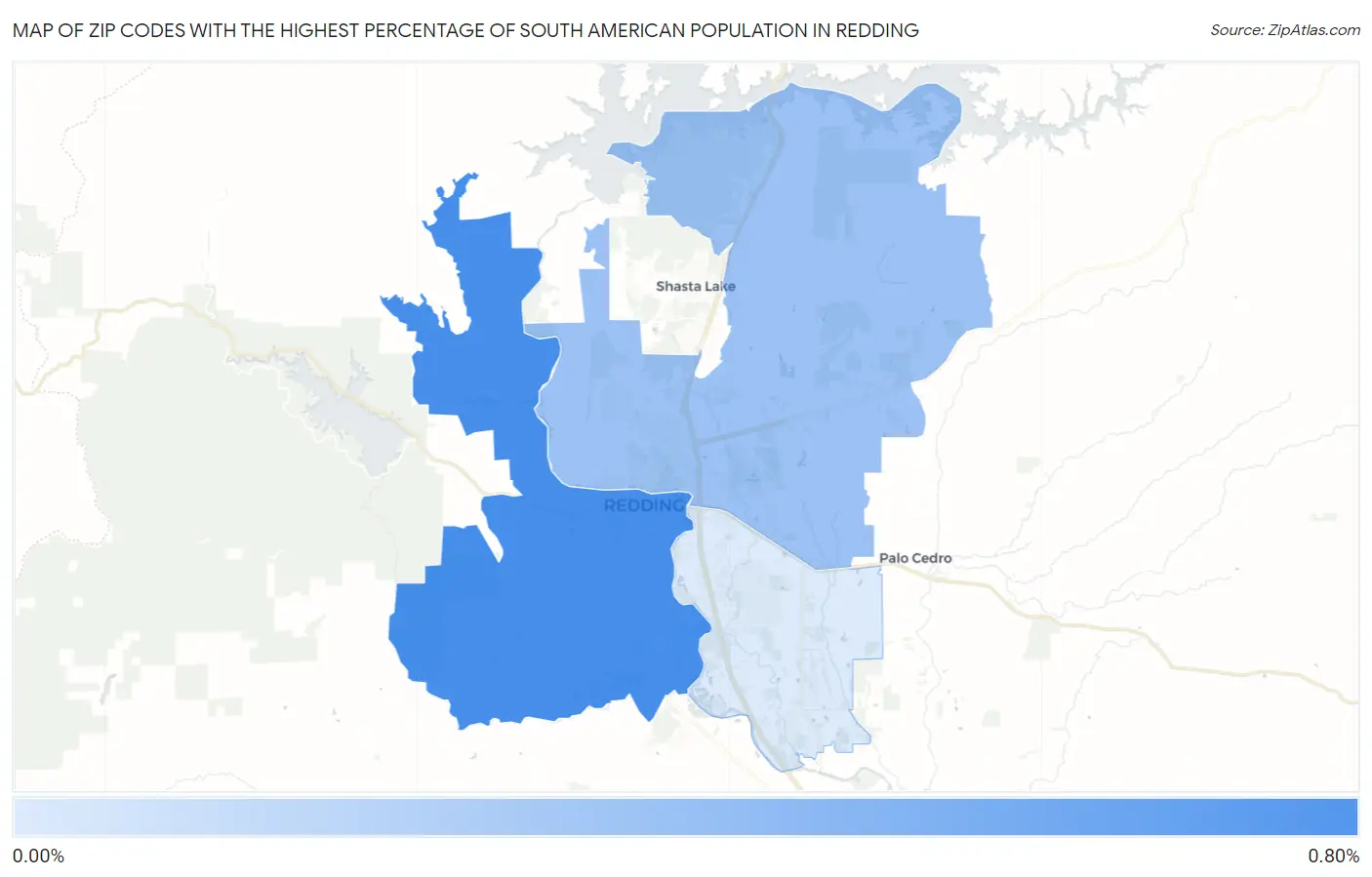Zip Codes with the Highest Percentage of South American Population in Redding Map