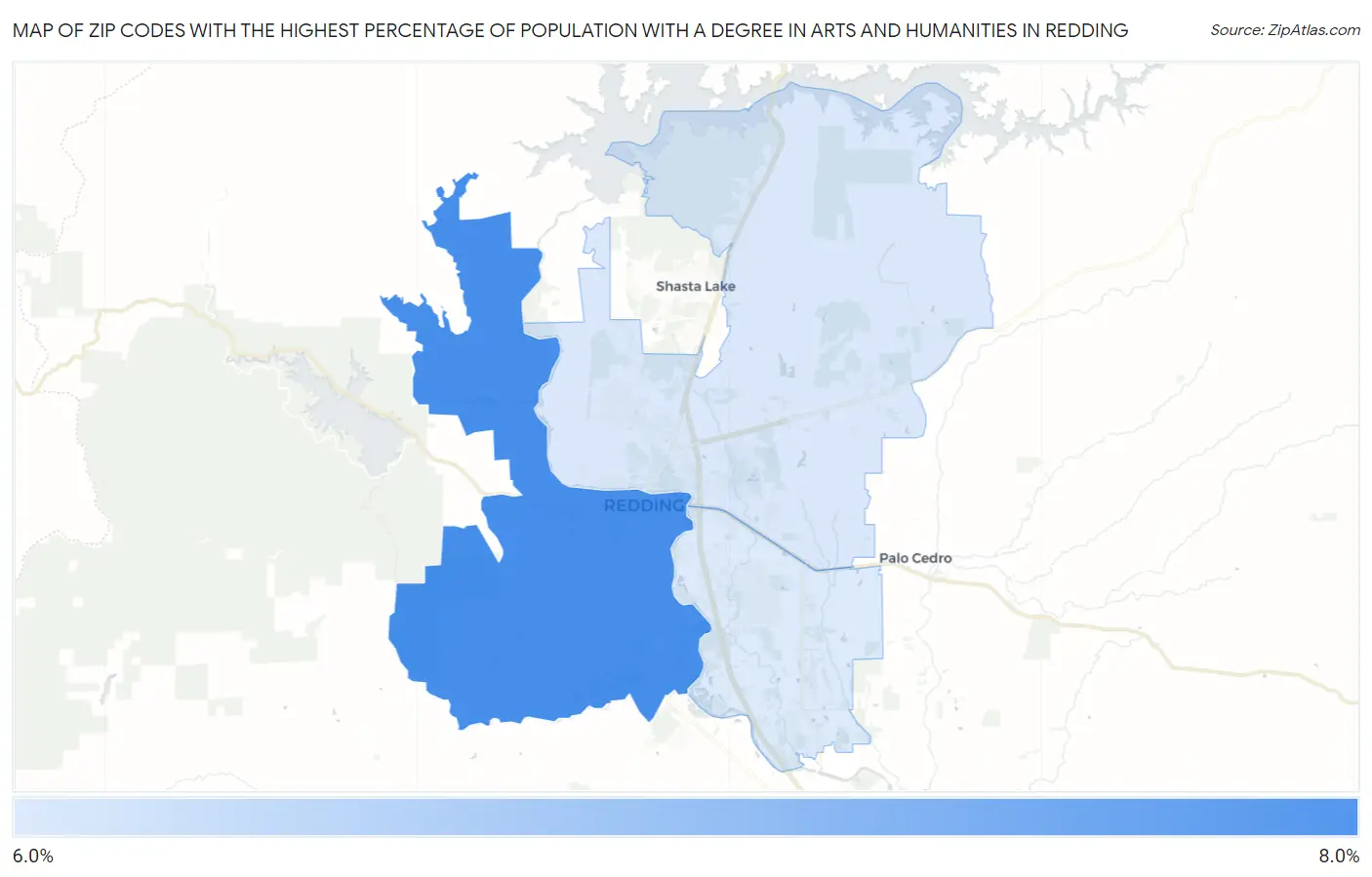 Zip Codes with the Highest Percentage of Population with a Degree in Arts and Humanities in Redding Map