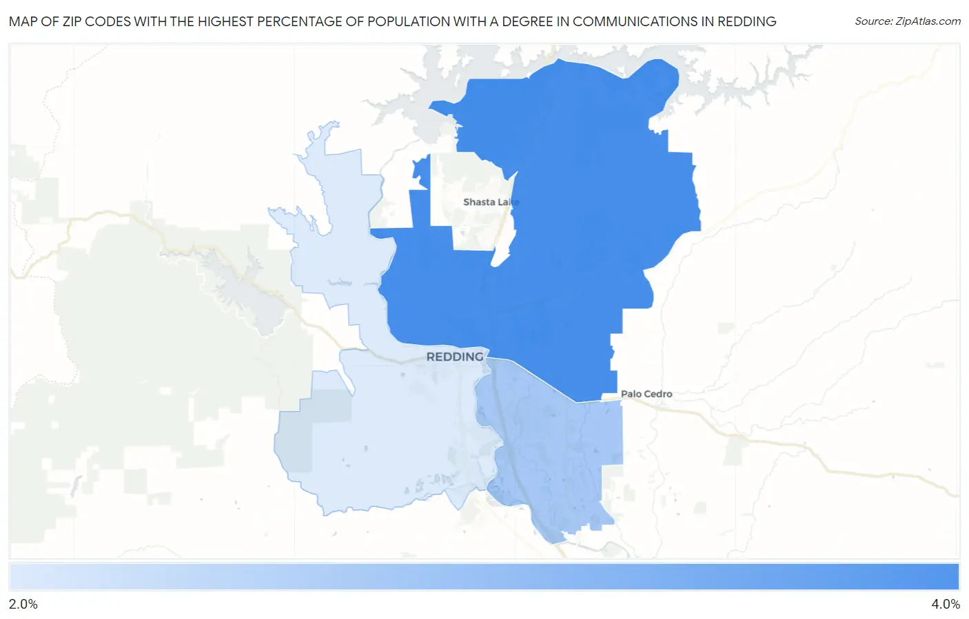 Zip Codes with the Highest Percentage of Population with a Degree in Communications in Redding Map