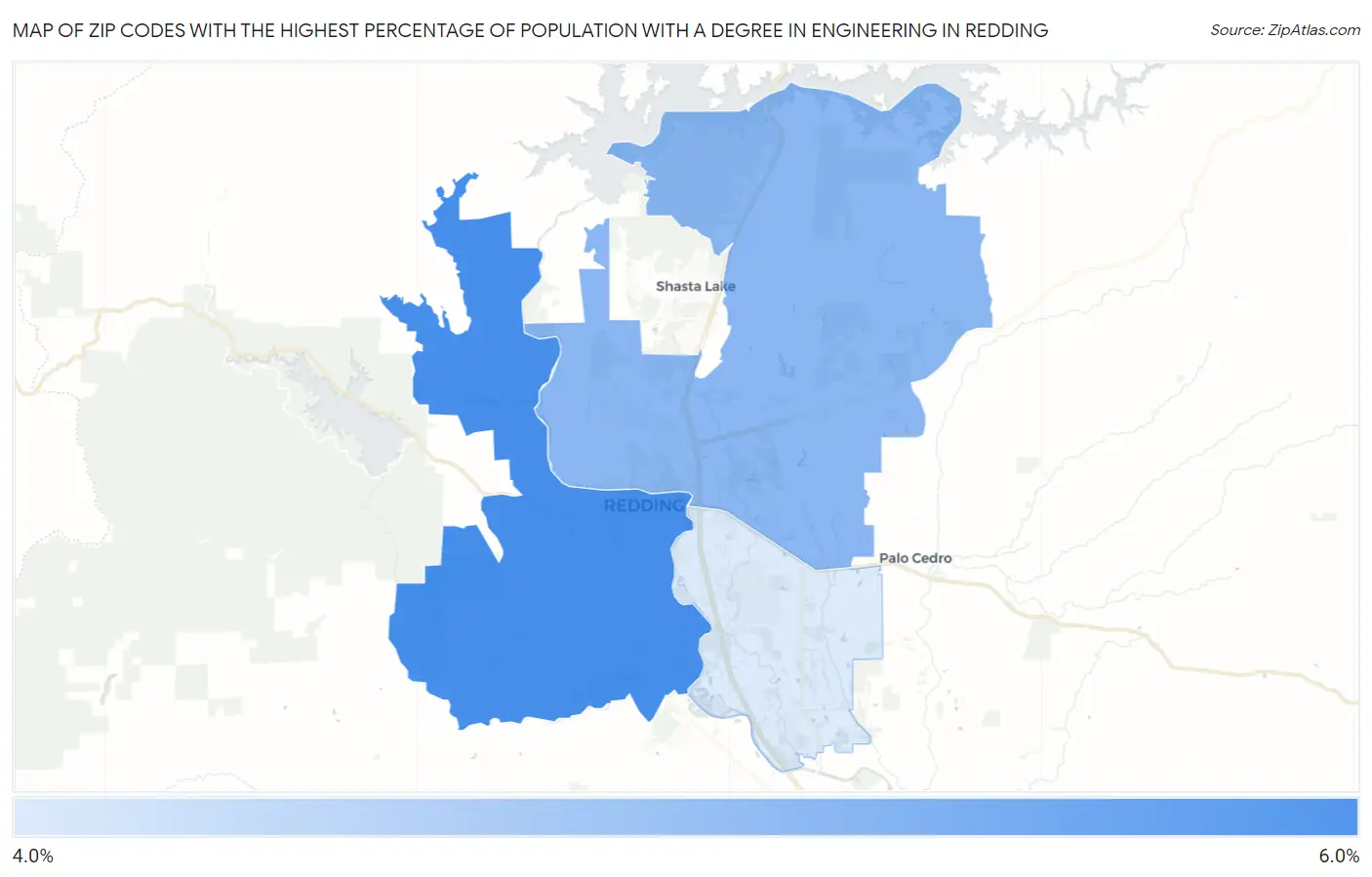 Zip Codes with the Highest Percentage of Population with a Degree in Engineering in Redding Map
