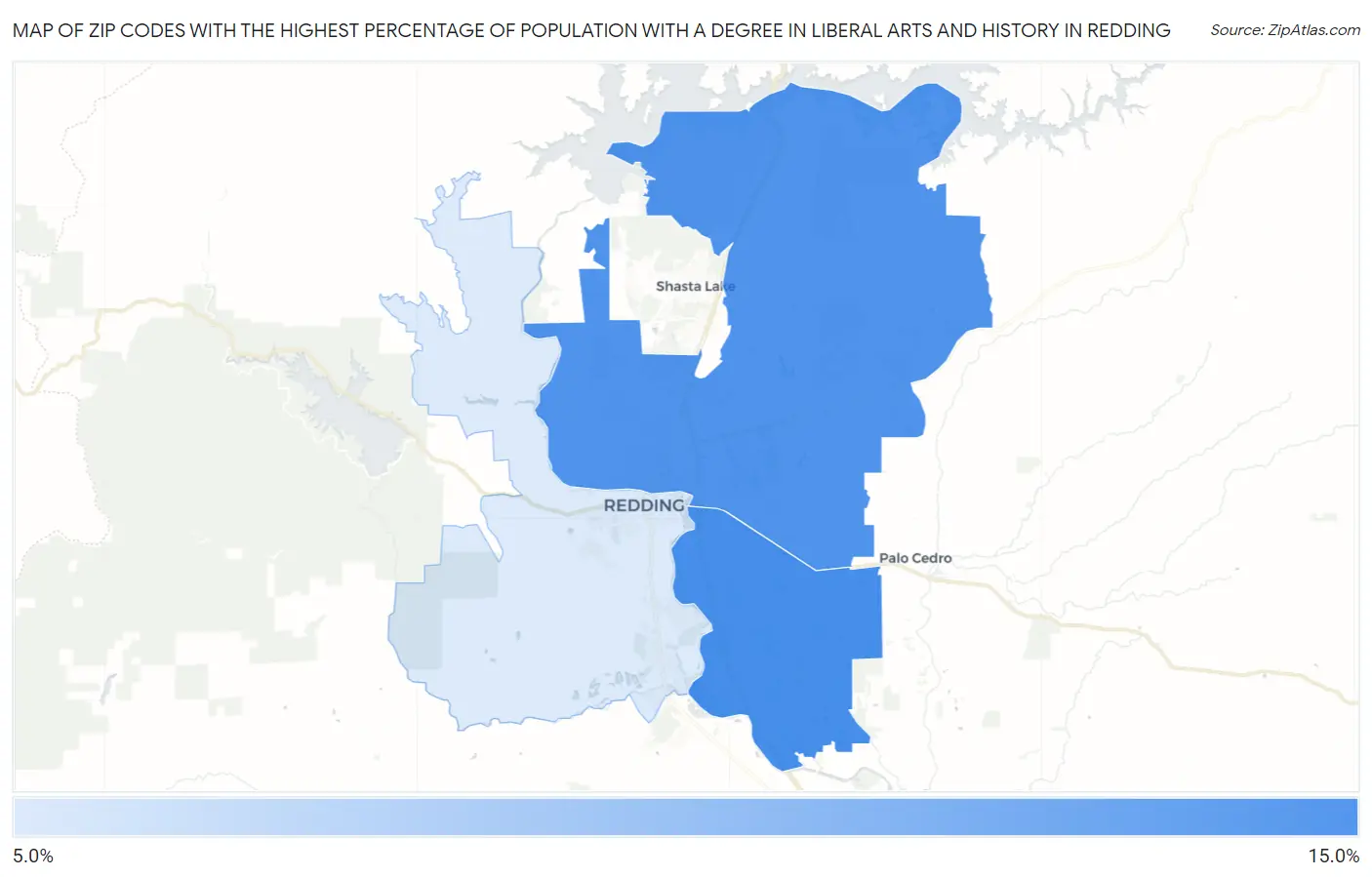 Zip Codes with the Highest Percentage of Population with a Degree in Liberal Arts and History in Redding Map