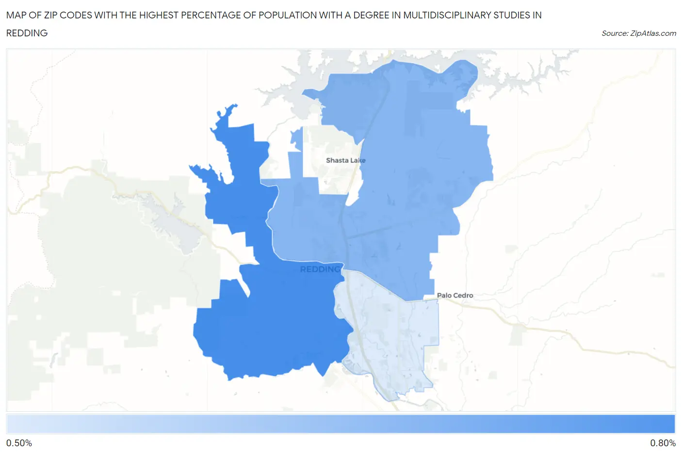 Zip Codes with the Highest Percentage of Population with a Degree in Multidisciplinary Studies in Redding Map