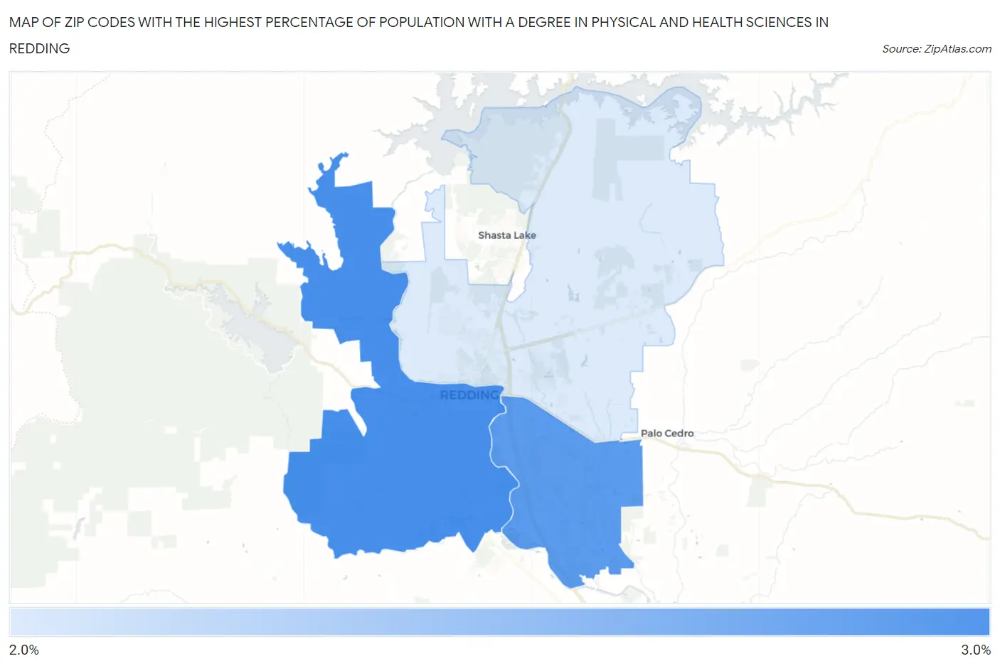 Zip Codes with the Highest Percentage of Population with a Degree in Physical and Health Sciences in Redding Map